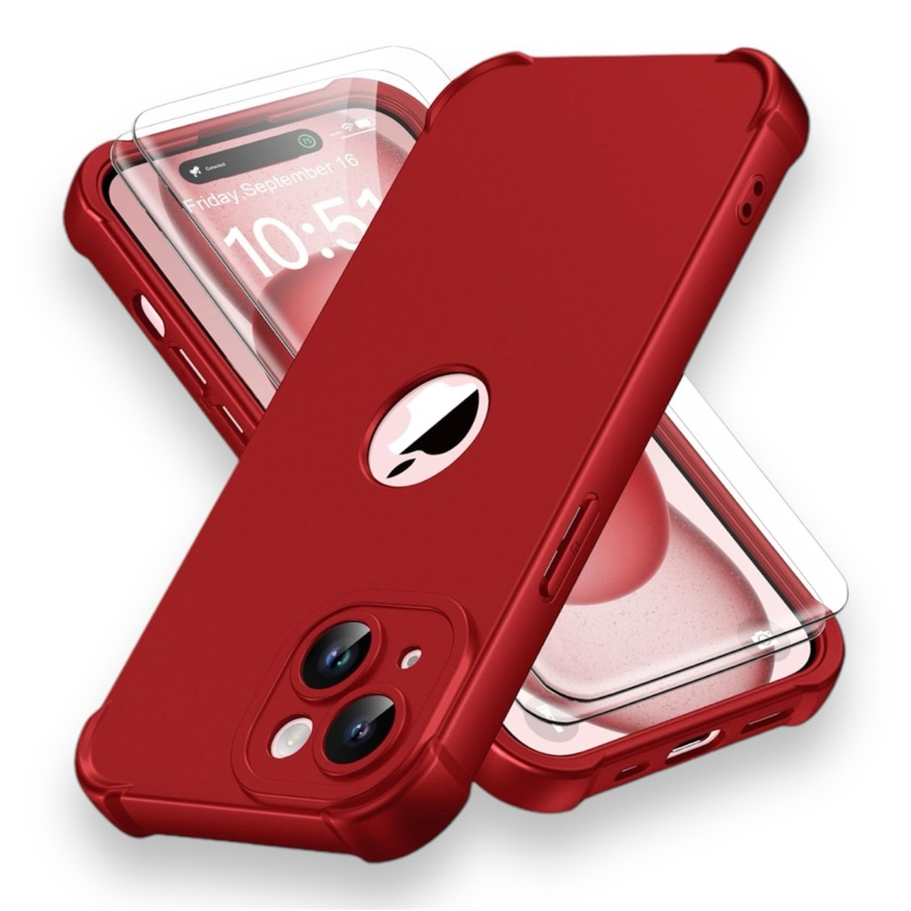 IP 15 Heavy Duty, 2 pc Toughness Tempered Glass, Slim Red Phone Case